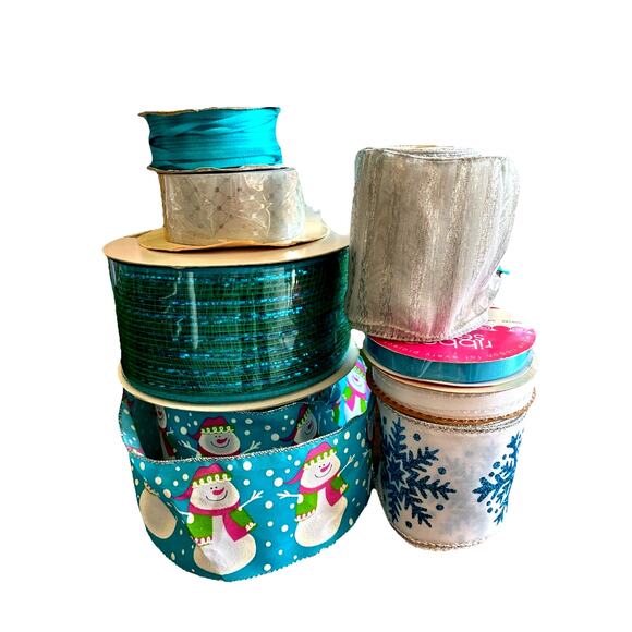 Lot of 8 Blue & Silver Decorative Holiday Ribbons Snowman Glitter Foil Wired VTG - Picture 3 of 12